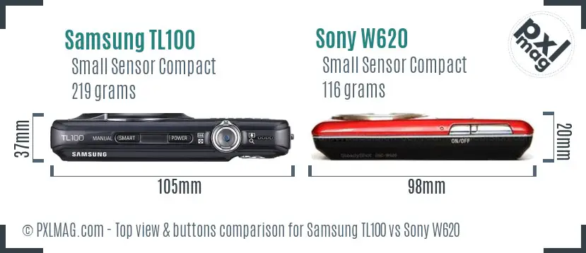 Samsung TL100 vs Sony W620 top view buttons comparison