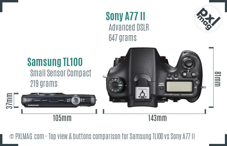 Samsung TL100 vs Sony A77 II top view buttons comparison