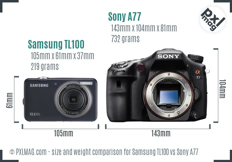 Samsung TL100 vs Sony A77 size comparison