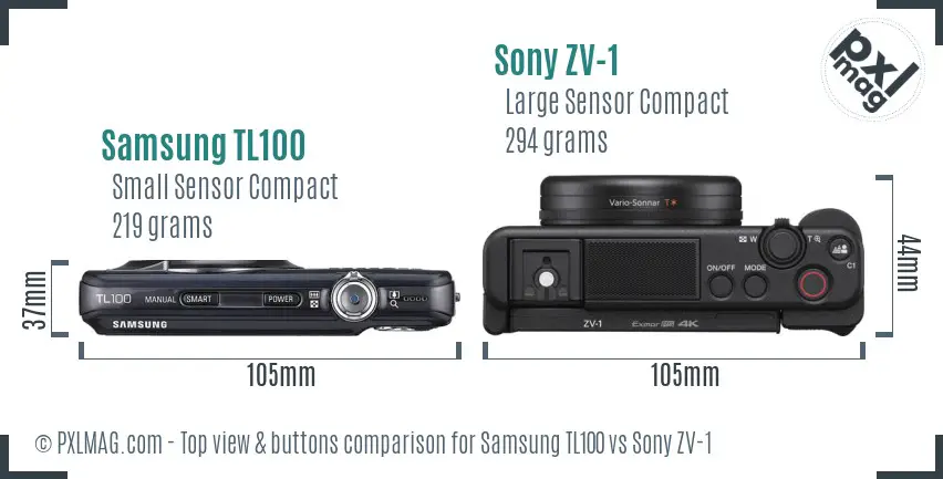 Samsung TL100 vs Sony ZV-1 top view buttons comparison Samsung TL100 vs Sony ZV-1 top view buttons comparison