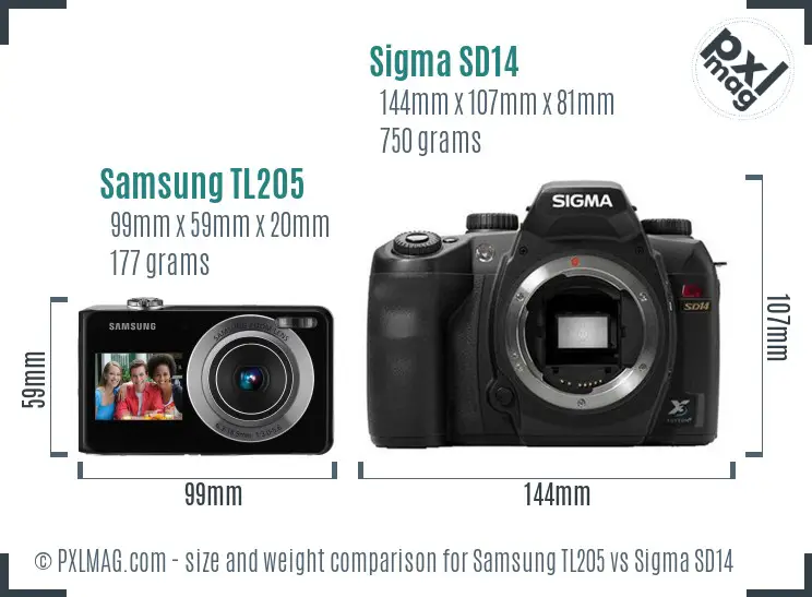 Samsung TL205 vs Sigma SD14 size comparison