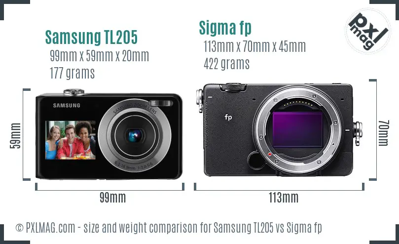 Samsung TL205 vs Sigma fp size comparison