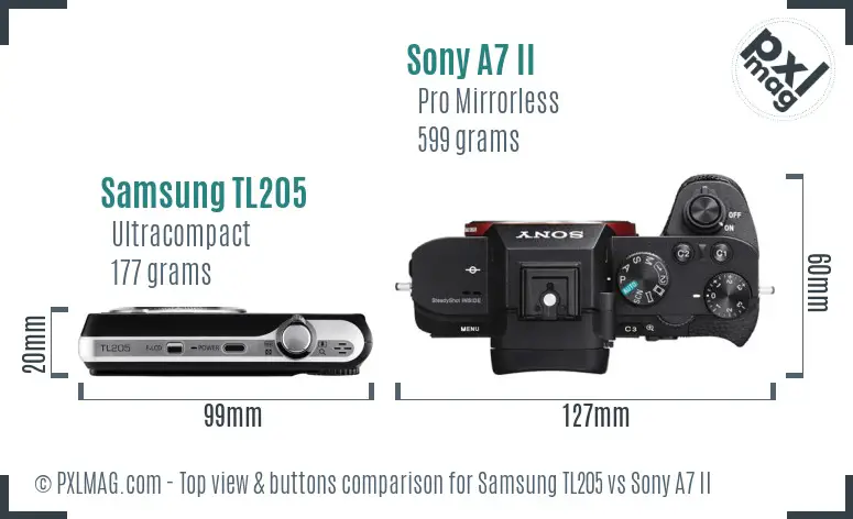Samsung TL205 vs Sony A7 II top view buttons comparison