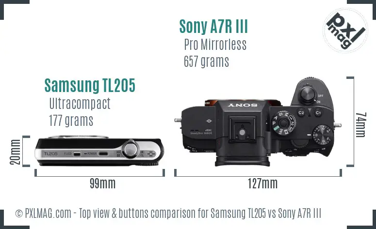 Samsung TL205 vs Sony A7R III top view buttons comparison Samsung TL205 vs Sony A7R III top view buttons comparison
