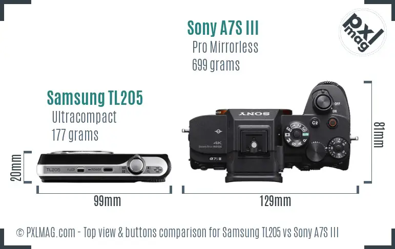 Samsung TL205 vs Sony A7S III top view buttons comparison