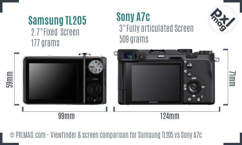 Samsung TL205 vs Sony A7c Screen and Viewfinder comparison