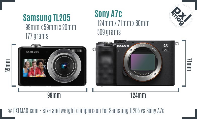 Samsung TL205 vs Sony A7c size comparison