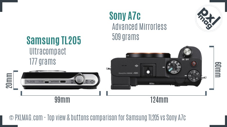 Samsung TL205 vs Sony A7c top view buttons comparison