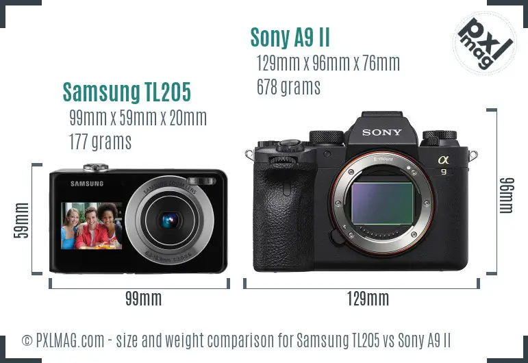 Samsung TL205 vs Sony A9 II size comparison