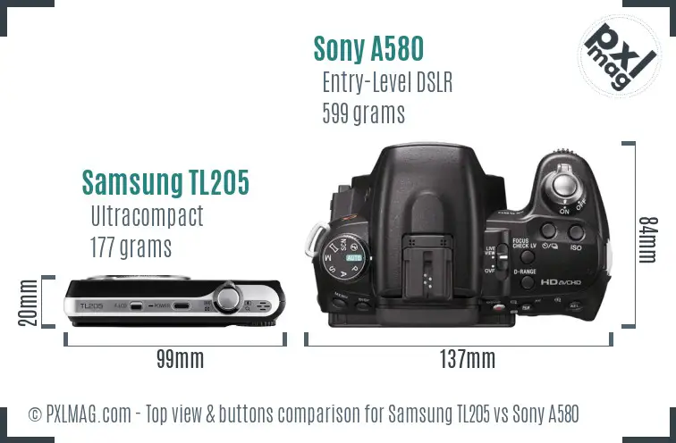 Samsung TL205 vs Sony A580 top view buttons comparison Samsung TL205 vs Sony A580 top view buttons comparison