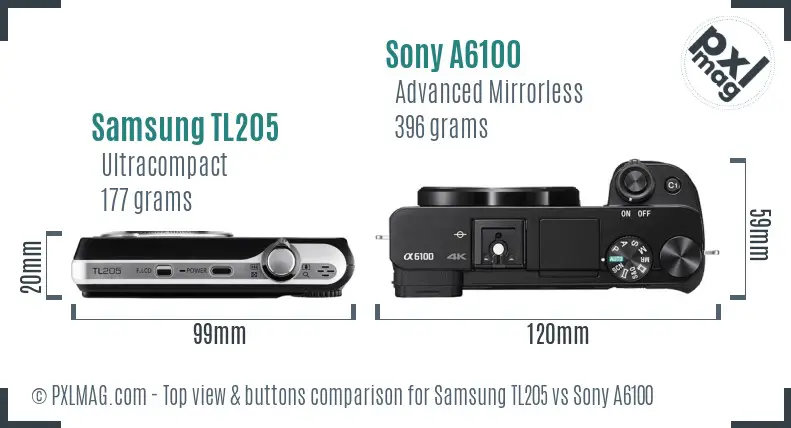 Samsung TL205 vs Sony A6100 top view buttons comparison Samsung TL205 vs Sony A6100 top view buttons comparison