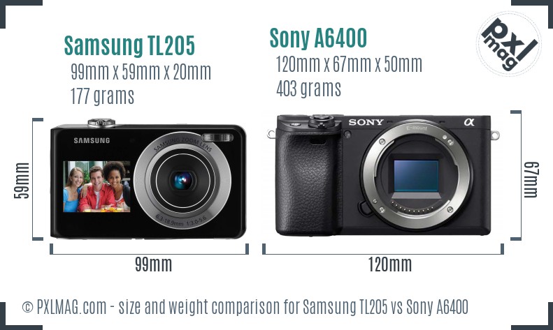 Samsung TL205 vs Sony A6400 size comparison