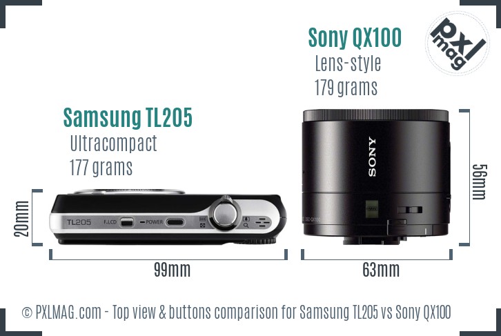 Samsung TL205 vs Sony QX100 top view buttons comparison