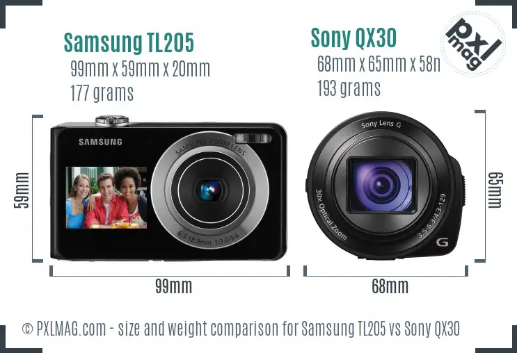 Samsung TL205 vs Sony QX30 size comparison