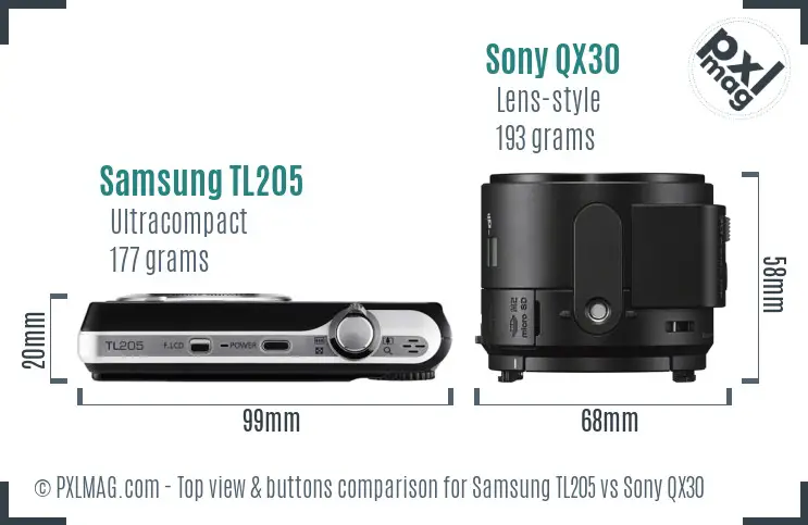 Samsung TL205 vs Sony QX30 top view buttons comparison