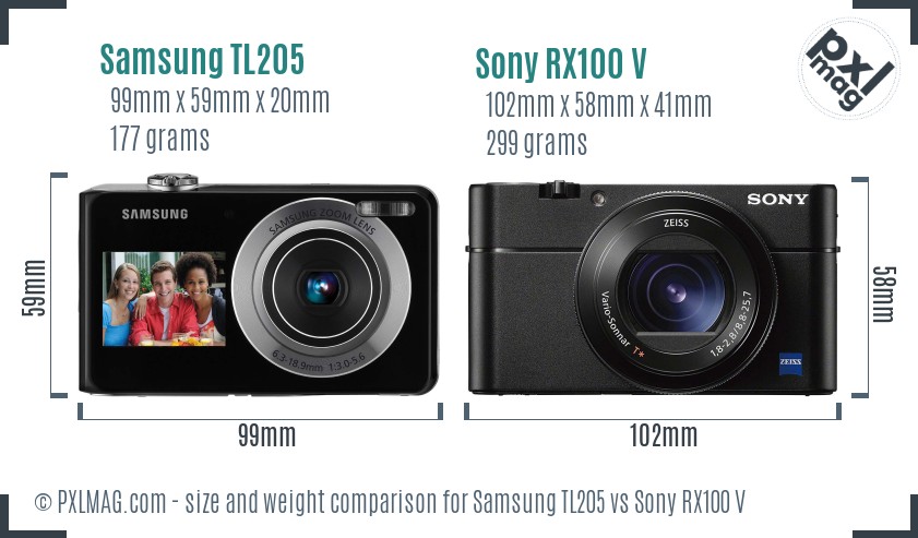 Samsung TL205 vs Sony RX100 V size comparison