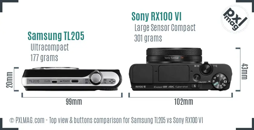 Samsung TL205 vs Sony RX100 VI top view buttons comparison