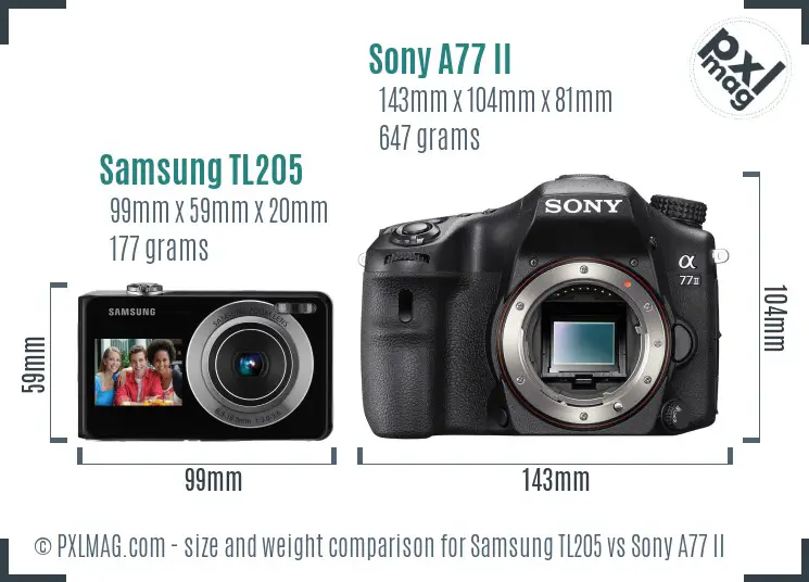 Samsung TL205 vs Sony A77 II size comparison