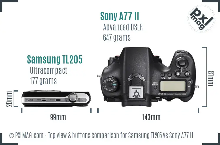 Samsung TL205 vs Sony A77 II top view buttons comparison