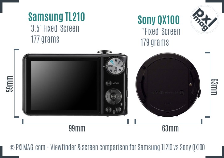 Samsung TL210 vs Sony QX100 Screen and Viewfinder comparison
