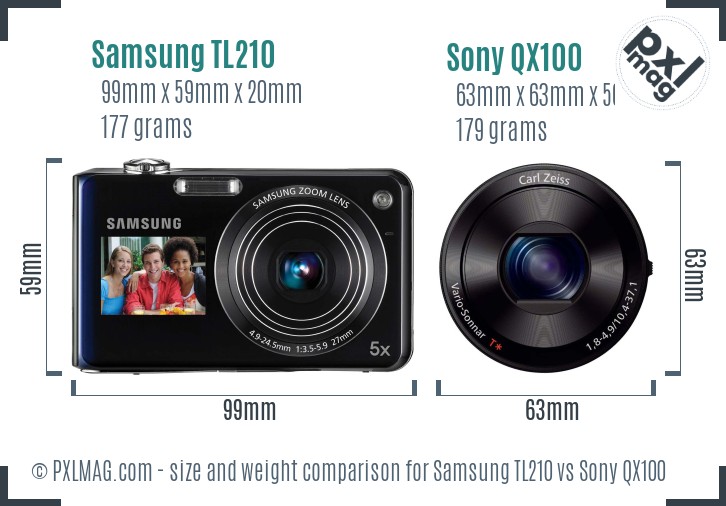 Samsung TL210 vs Sony QX100 size comparison