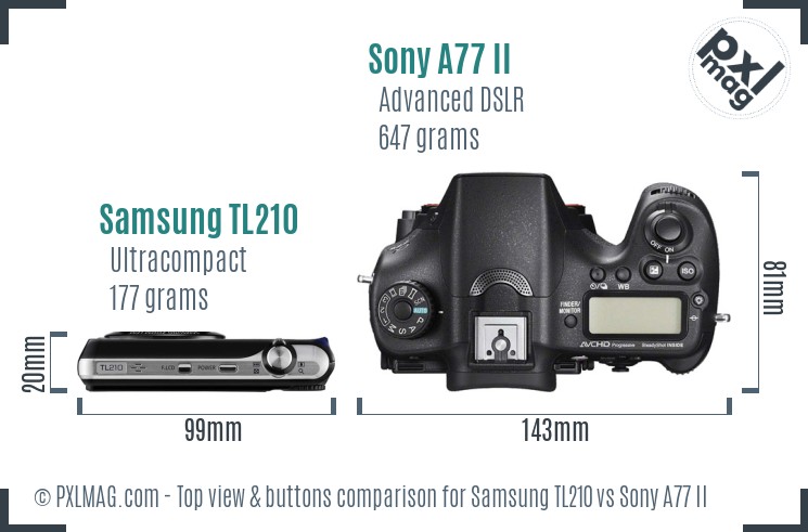 Samsung TL210 vs Sony A77 II top view buttons comparison