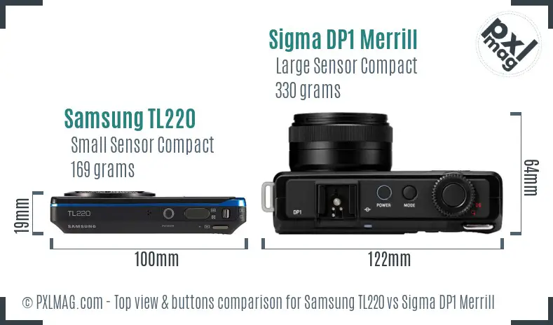 Samsung TL220 vs Sigma DP1 Merrill top view buttons comparison Samsung TL220 vs Sigma DP1 Merrill top view buttons comparison