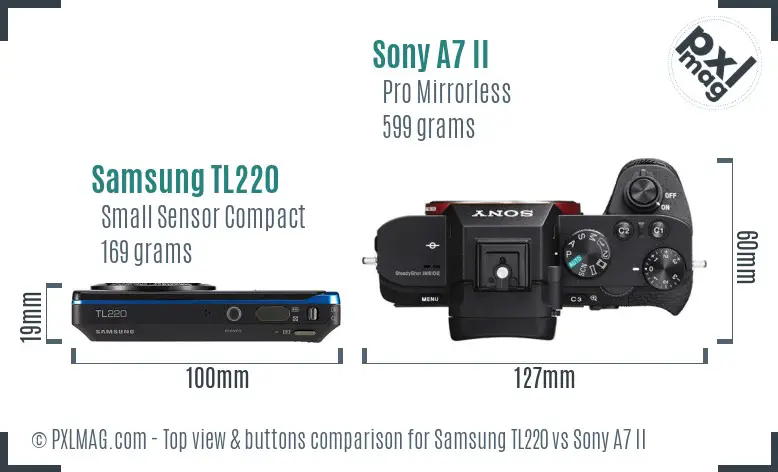 Samsung TL220 vs Sony A7 II top view buttons comparison