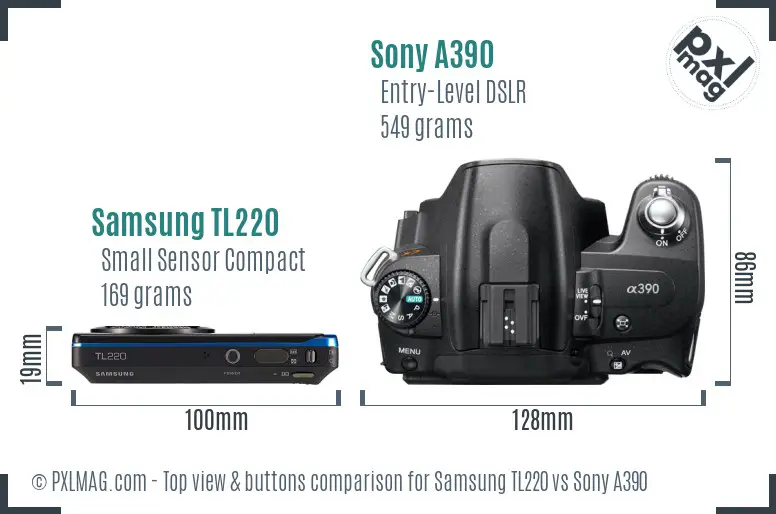 Samsung TL220 vs Sony A390 top view buttons comparison Samsung TL220 vs Sony A390 top view buttons comparison
