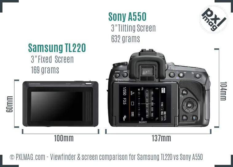 Samsung TL220 vs Sony A550 Screen and Viewfinder comparison