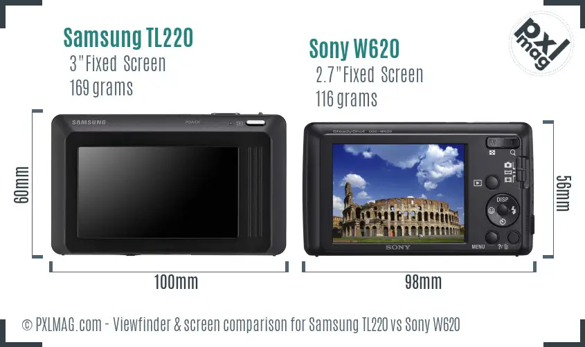 Samsung TL220 vs Sony W620 Screen and Viewfinder comparison