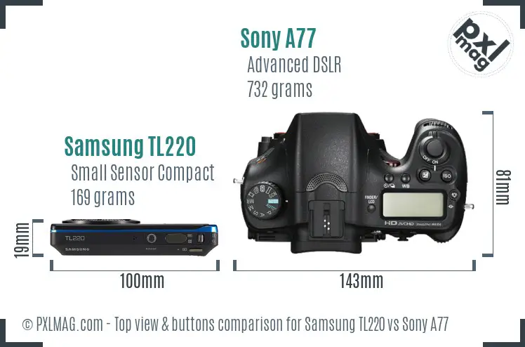 Samsung TL220 vs Sony A77 top view buttons comparison Samsung TL220 vs Sony A77 top view buttons comparison
