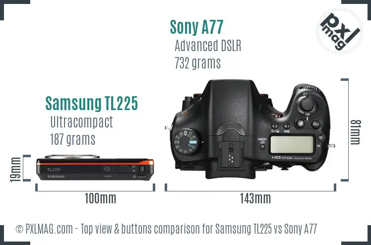 Samsung TL225 vs Sony A77 top view buttons comparison Samsung TL225 vs Sony A77 top view buttons comparison
