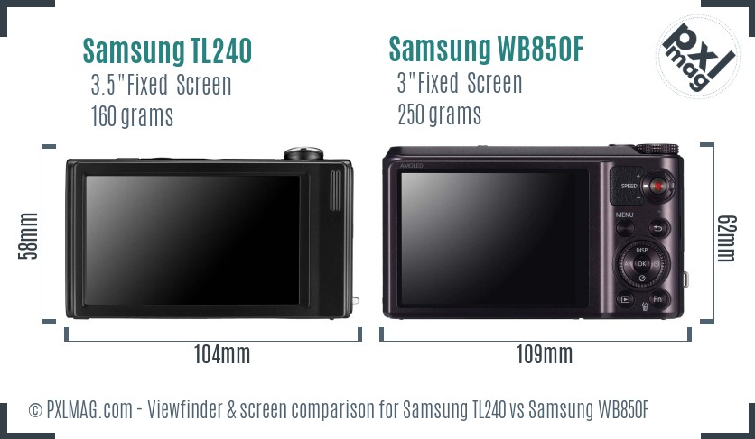 Samsung TL240 vs Samsung WB850F Screen and Viewfinder comparison