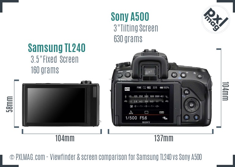 Samsung TL240 vs Sony A500 Screen and Viewfinder comparison