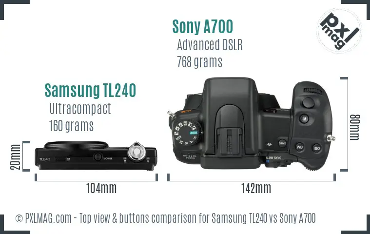 Samsung TL240 vs Sony A700 top view buttons comparison Samsung TL240 vs Sony A700 top view buttons comparison