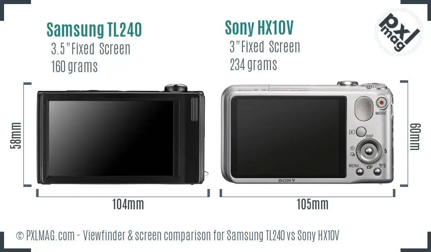 Samsung TL240 vs Sony HX10V Screen and Viewfinder comparison