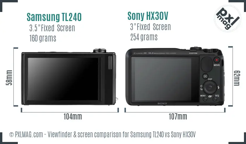 Samsung TL240 vs Sony HX30V Screen and Viewfinder comparison