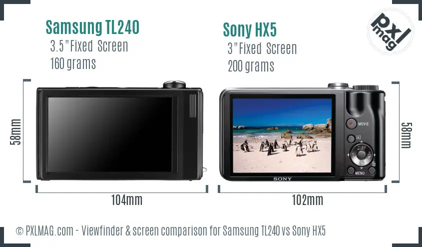 Samsung TL240 vs Sony HX5 Screen and Viewfinder comparison