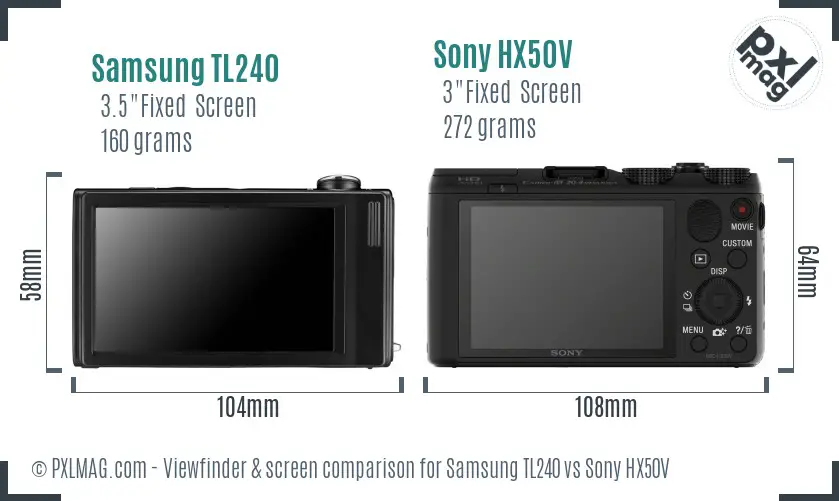 Samsung TL240 vs Sony HX50V Screen and Viewfinder comparison