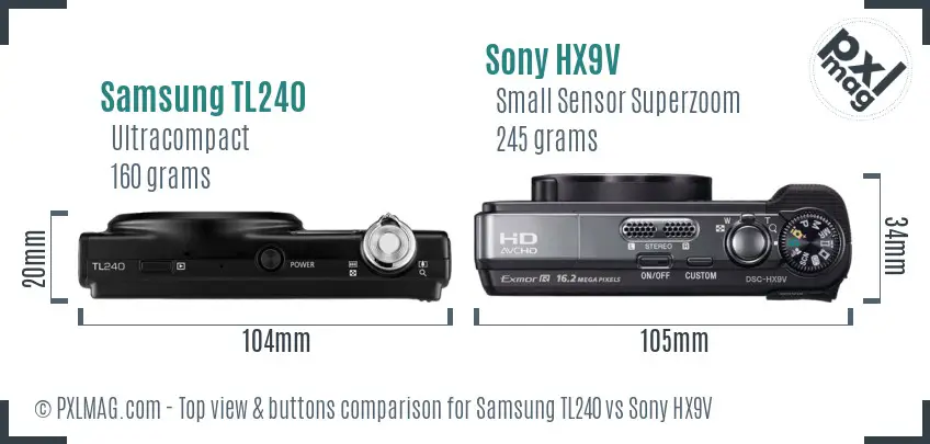 Samsung TL240 vs Sony HX9V top view buttons comparison Samsung TL240 vs Sony HX9V top view buttons comparison