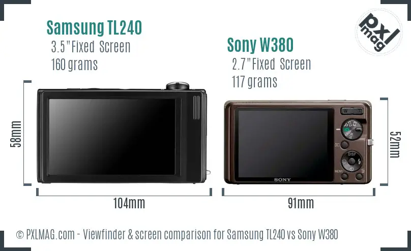 Samsung TL240 vs Sony W380 Screen and Viewfinder comparison