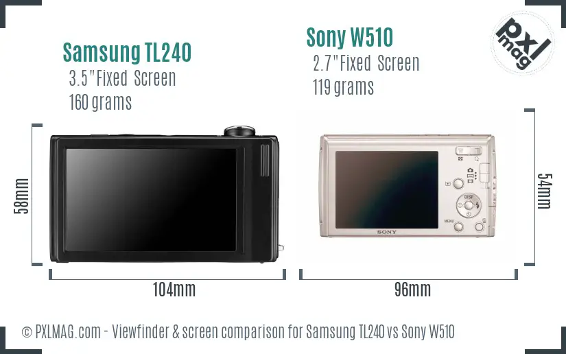 Samsung TL240 vs Sony W510 Screen and Viewfinder comparison