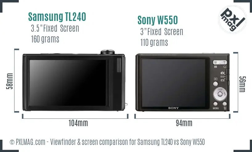 Samsung TL240 vs Sony W550 Screen and Viewfinder comparison