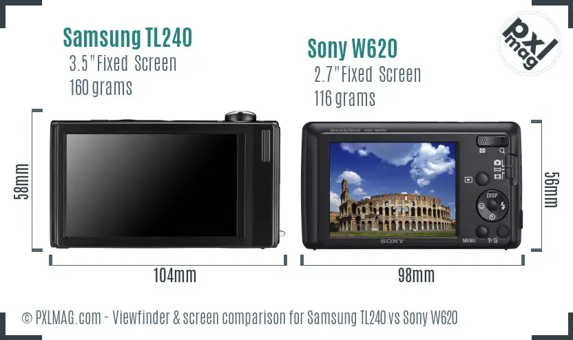 Samsung TL240 vs Sony W620 Screen and Viewfinder comparison