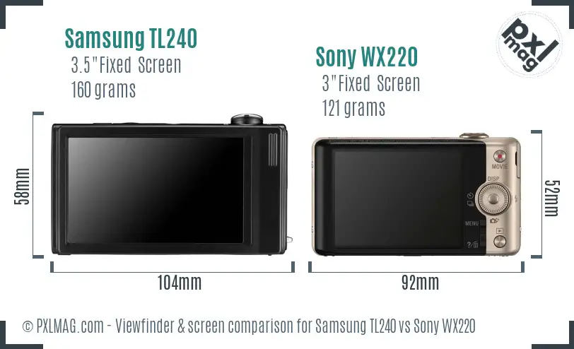 Samsung TL240 vs Sony WX220 Screen and Viewfinder comparison