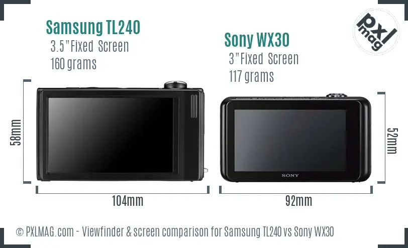 Samsung TL240 vs Sony WX30 Screen and Viewfinder comparison