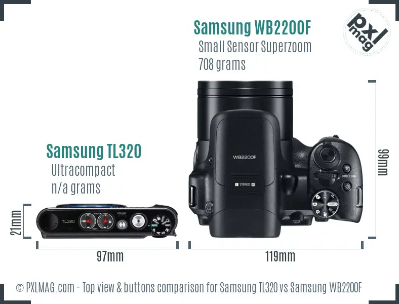 Samsung TL320 vs Samsung WB2200F top view buttons comparison Samsung TL320 vs Samsung WB2200F top view buttons comparison
