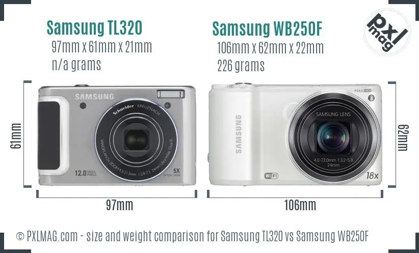 Samsung TL320 vs Samsung WB250F size comparison