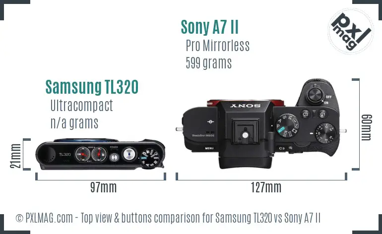Samsung TL320 vs Sony A7 II top view buttons comparison